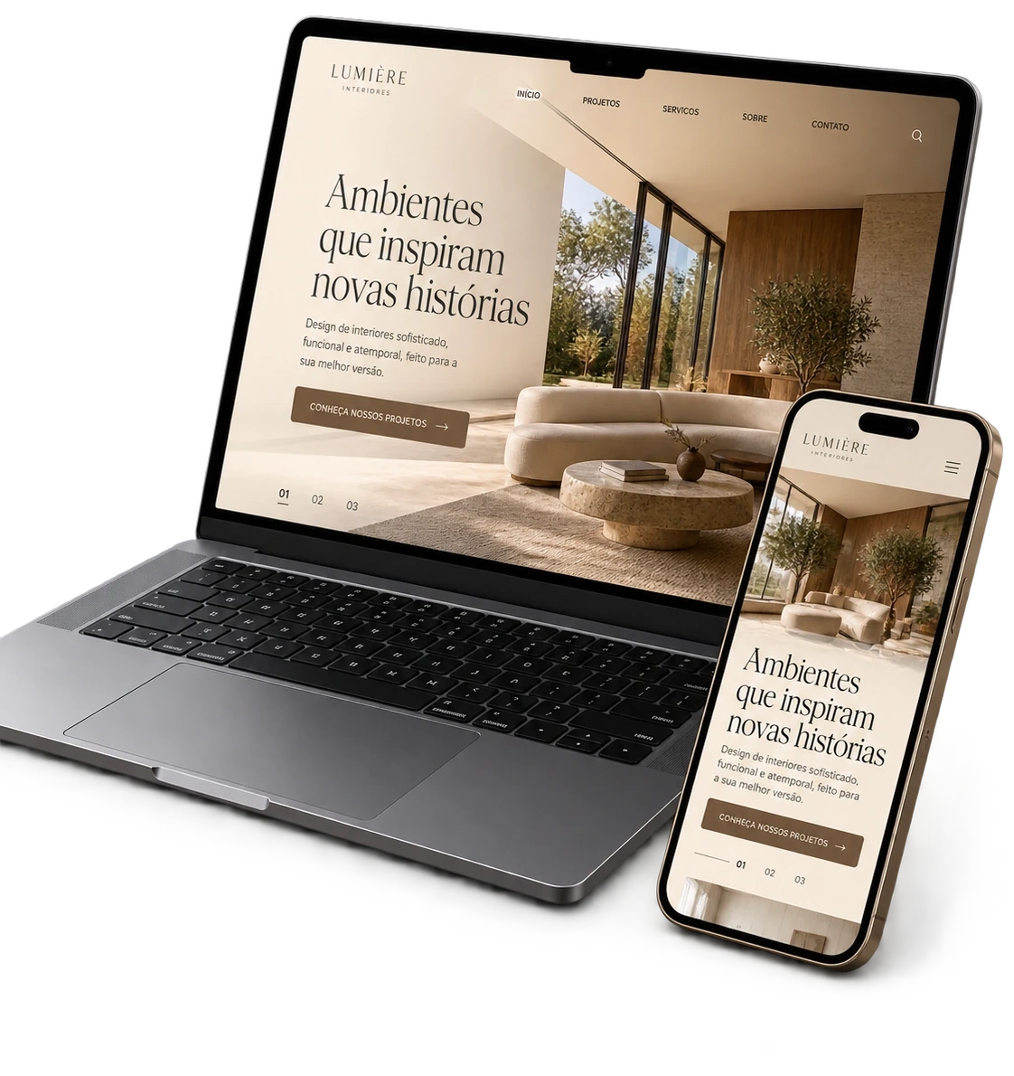 Exemplo de site profissional da Promptus exibido em notebook e celular