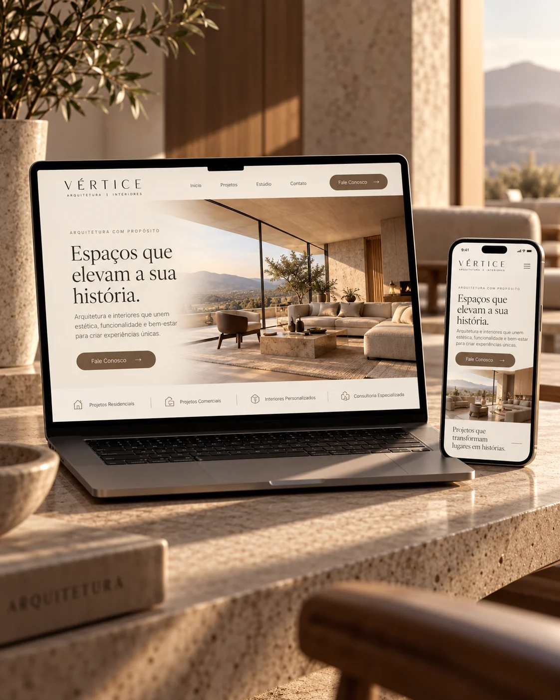 Exemplo de site para arquitetura exibido em computador e celular